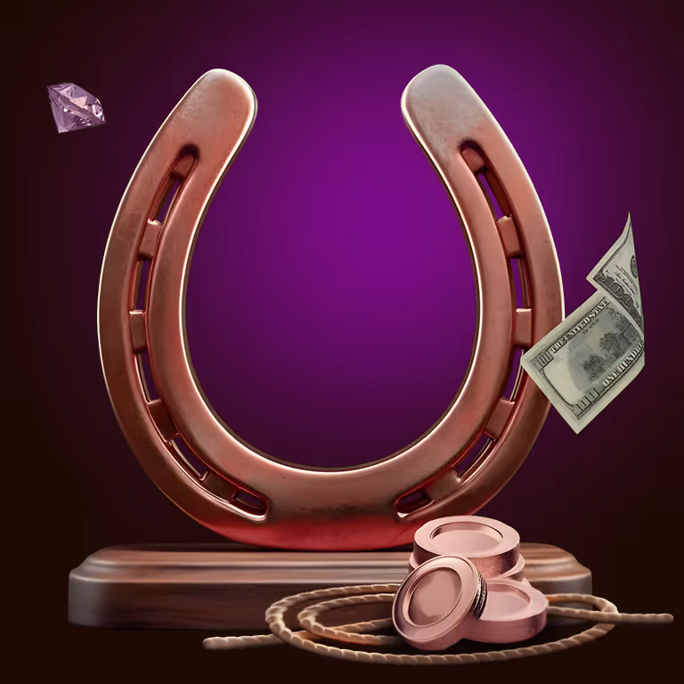 RodeoSlot pelitarjoukset – onnenkenkä ja kolikot korostamassa bonuksia ja ilmaiskierroksia.